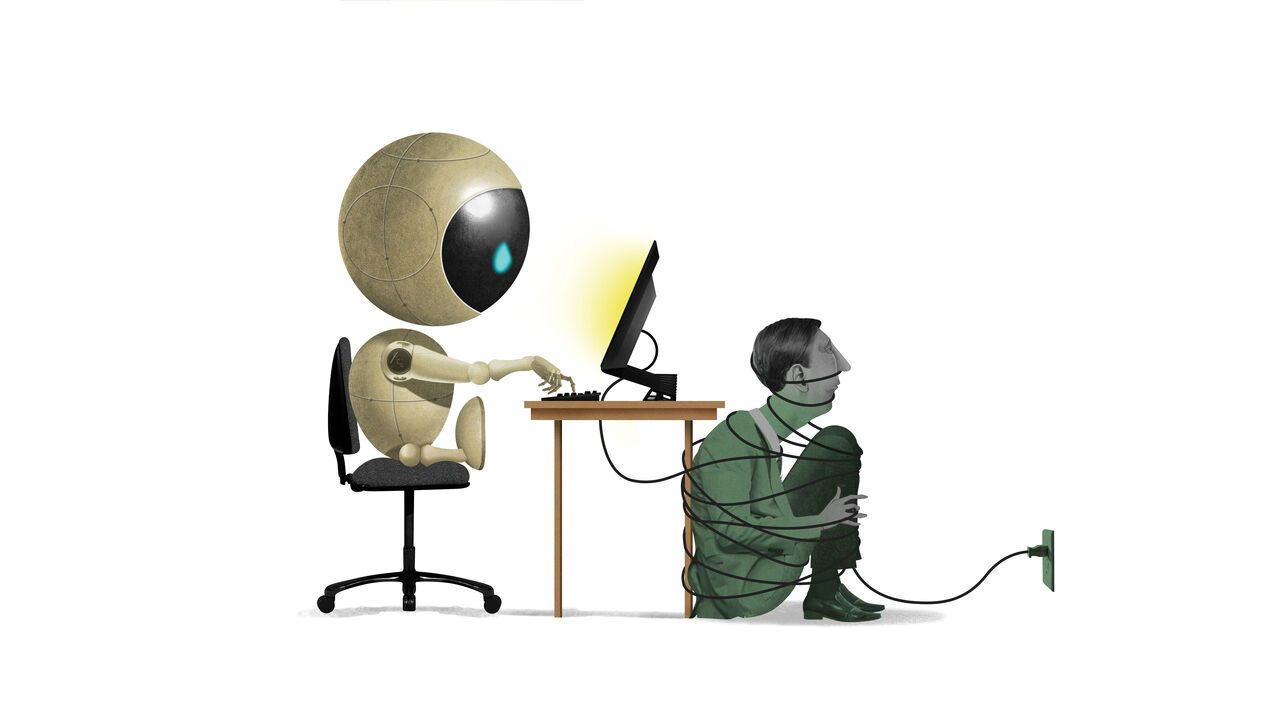 Illustration of an AI agent working while a worker is tied with the cords of the computer.