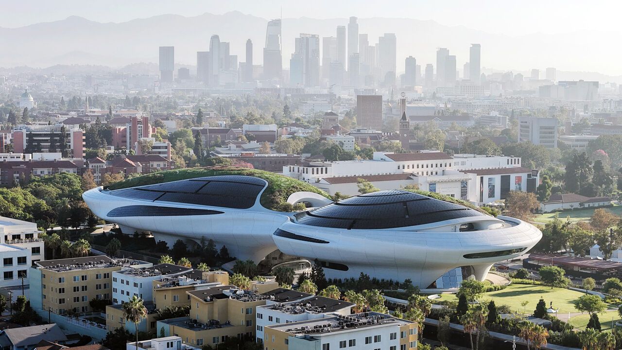 An aerial view of the new Lucas Museum of Narrative Art.