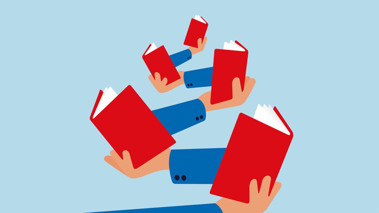 Illustration of a hand holding an open book, from which another hand and book are emerging and so forth another three times into the distance.