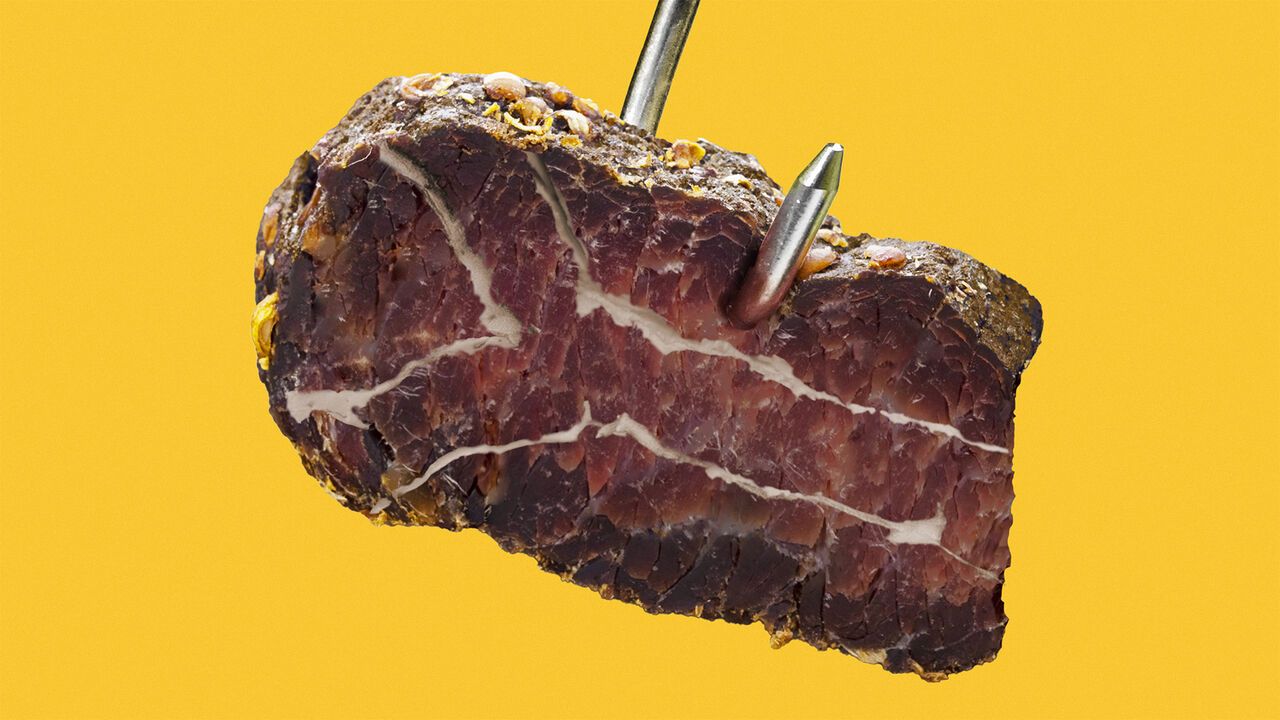 Illustration of a piece of Biltong, with sinews shaped like the South African flag, on a hook.