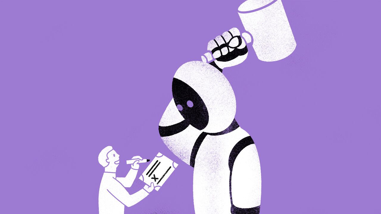 A big robot about to hit a person holding a paper to sign with a hammer