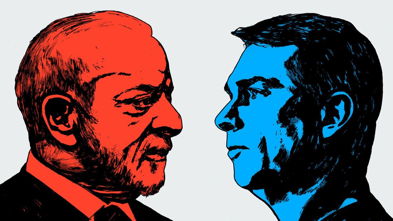 Illustration of Luiz Inácio Lula da Silva (coloured red) face to face with Flávio Bolsonaro (coloured blue).