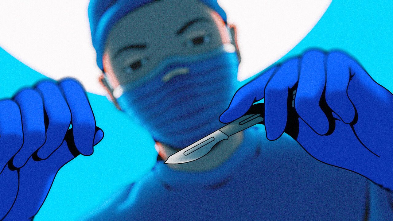 Illustration of a surgeon looming over with a scalpel in hand ready to make the incision.