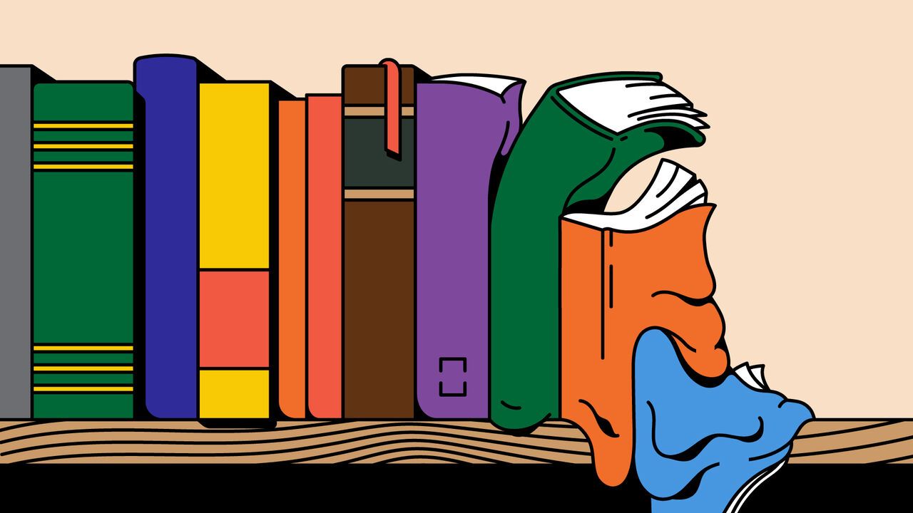 Illustration of a row of books on a shelf gradually melting away.