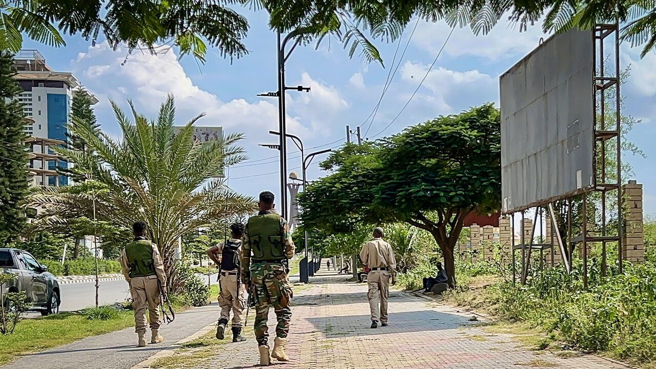 Members of the Tigray People's Liberation Front (TPLF) walk along a main road in Mekelle.