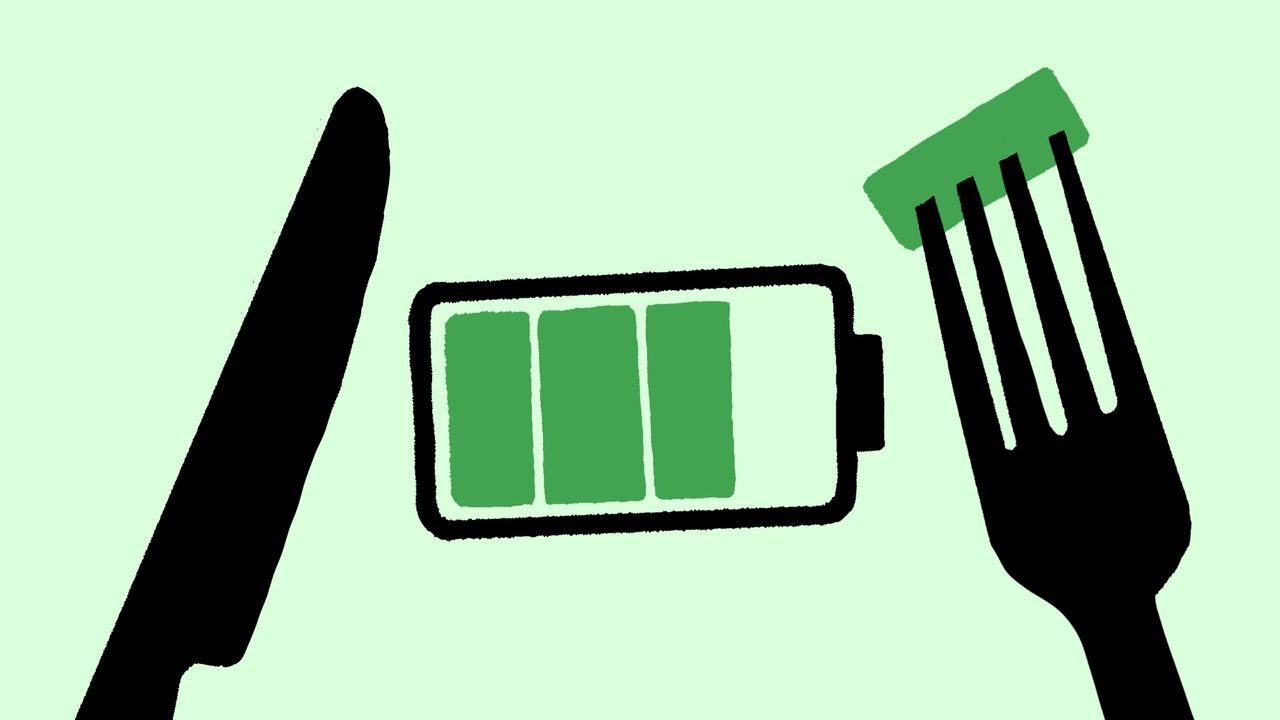 Illustration of a knife and fork with one of the energy bars from a battery being picked up by the fork