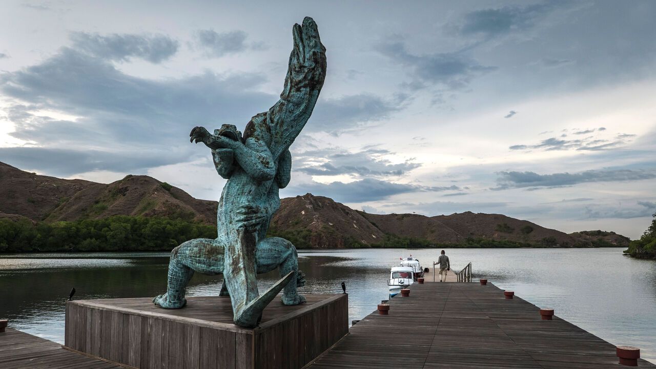 A sculpture at the entrance of a new tourist attraction in Komodo National Park, Rinca Island, Indonesia.