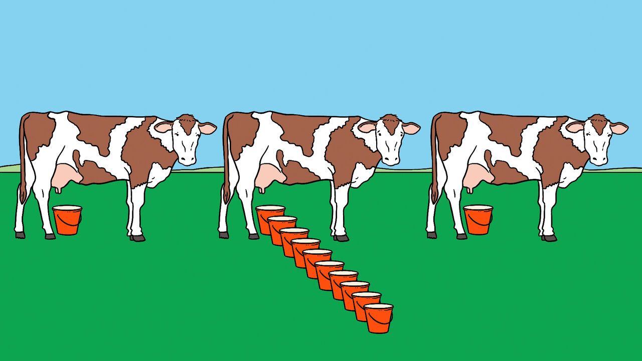 Three cows are shown, with the middle cow producing a long line of milk buckets while the cows on either side produce far less. It suggests a stark difference in productivity or output between otherwise similar cows.