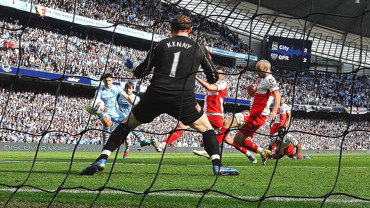 Sergio Aguero scores Manchester City's winning goal for the Premier League 2012.