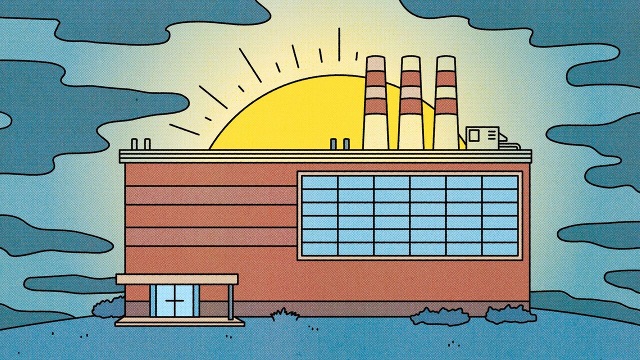 Illustration of a factory with a sun coming out behind it.