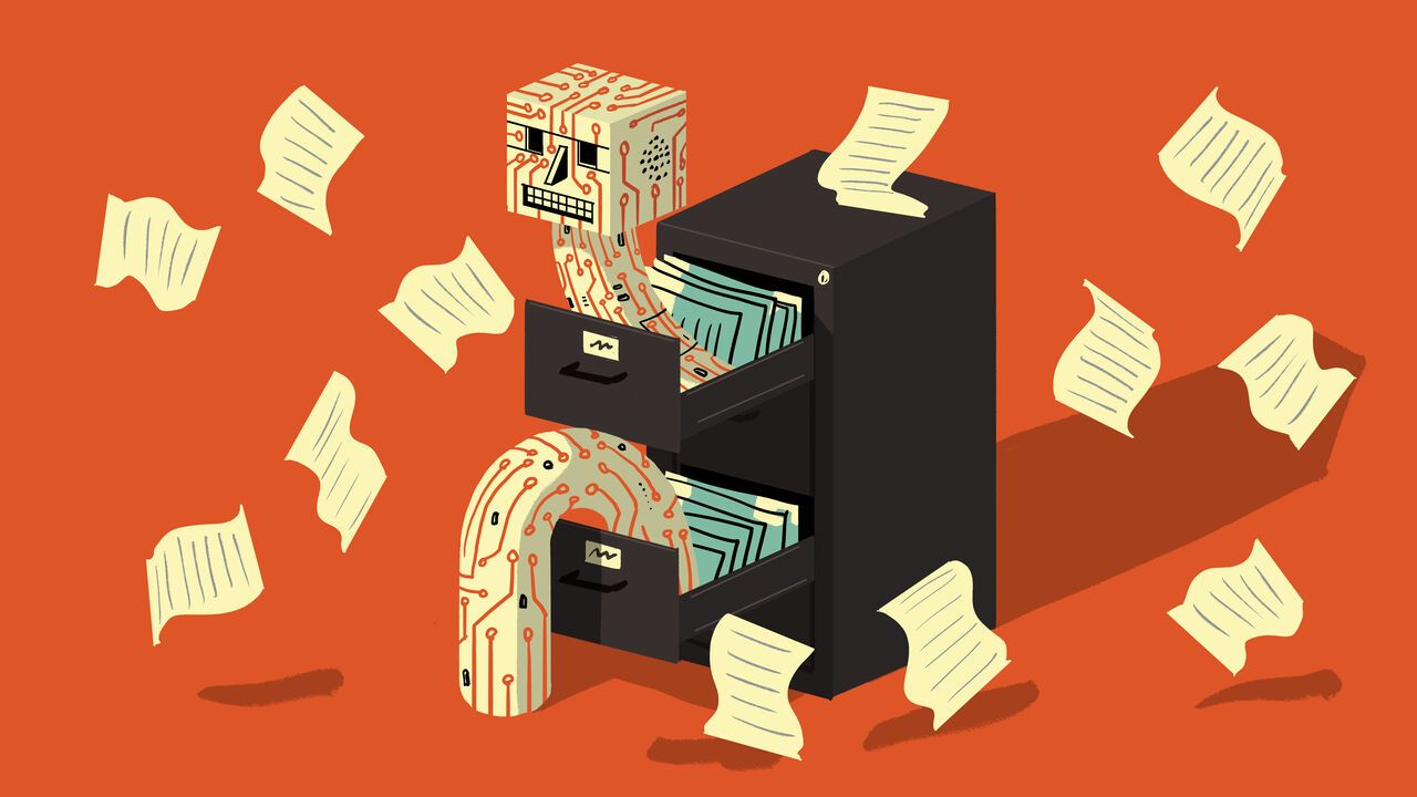 Illustration of a file cabinet with circuit boards coming out of it.