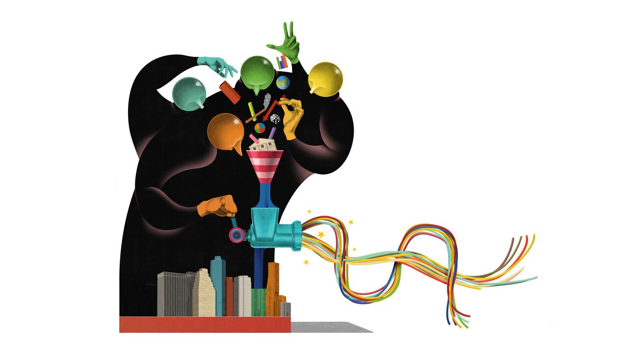 Illustration of four people putting objects through a meatgrinder.