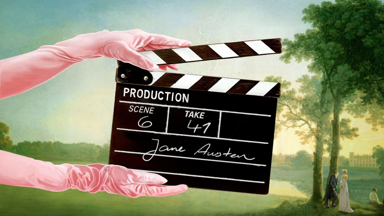 Illustration of gloved hands holding a clapperboard with a regency era painting-style landscape in the background.