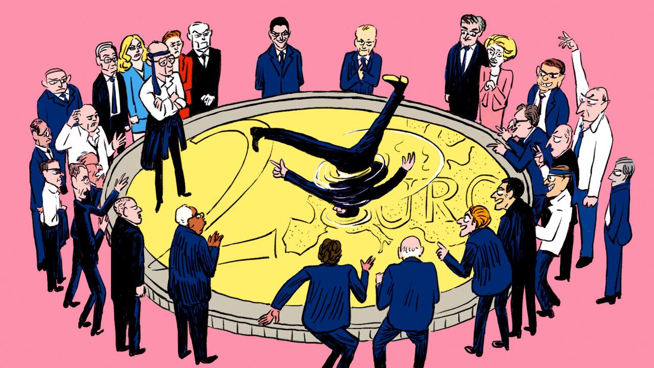 Illustration of a group of European leaders having a dance off, the dance floor is a giant 2 euro coin