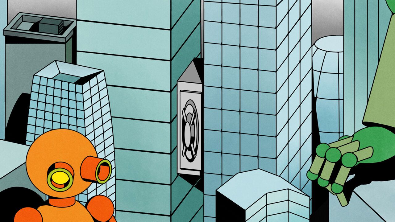 A bank vault being squeezed between two skyscrapers. Walking among them are giant AI robots