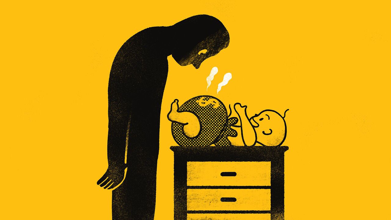 A silhouetted man looking down at a baby with a dollar bag for a nappy