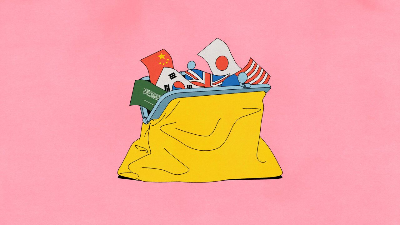 A yellow purse containing the flags of Saudi Arabia, China, South Korea, United Kingdom, Japan, and USA