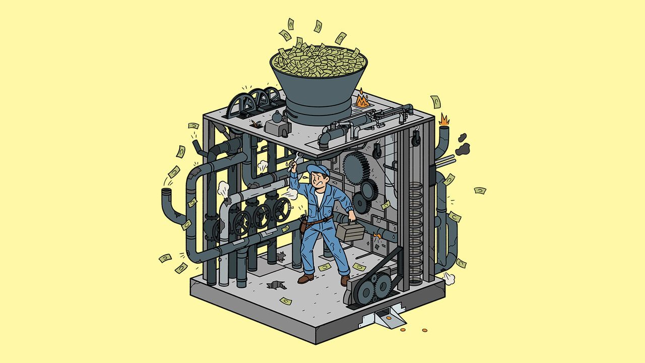 A dysfunctional machine symbolises the complexity of the tax system: money enters from above, passes through a maze of broken, leaking pipes, and only a few copper coins emerge. A mechanic struggles to keep it running.