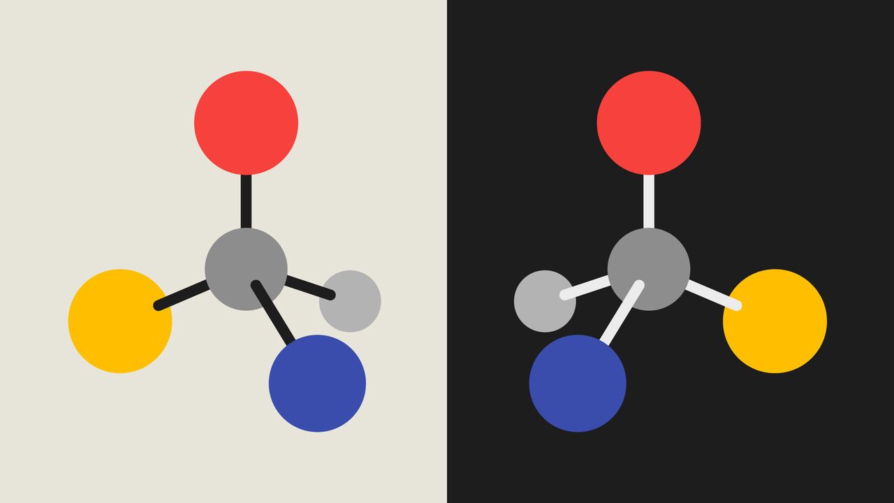 Diagram showing the chiral nature of two amino acid molecules.