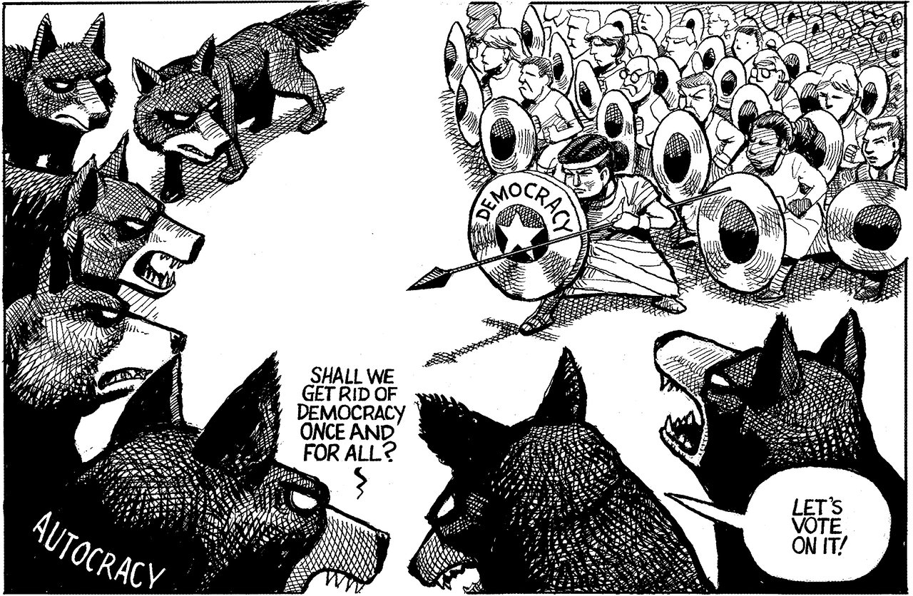 A group defending democracy face a threatening bunch of autocrats