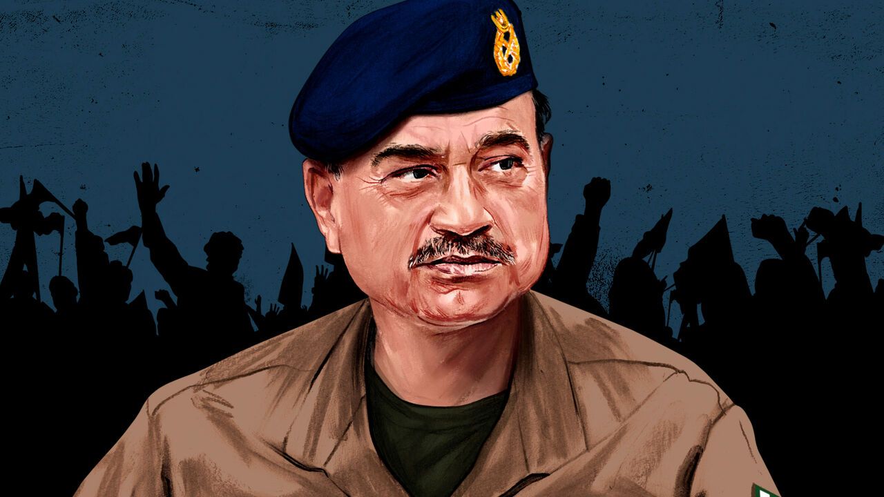 Illustrated portrait of Asim Munir with silhouettes of protestors in the background