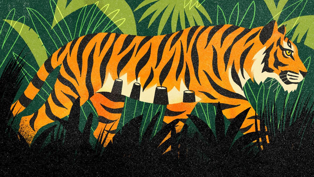 Illustration of a tiger with the stripes resembling chimneys and smoke