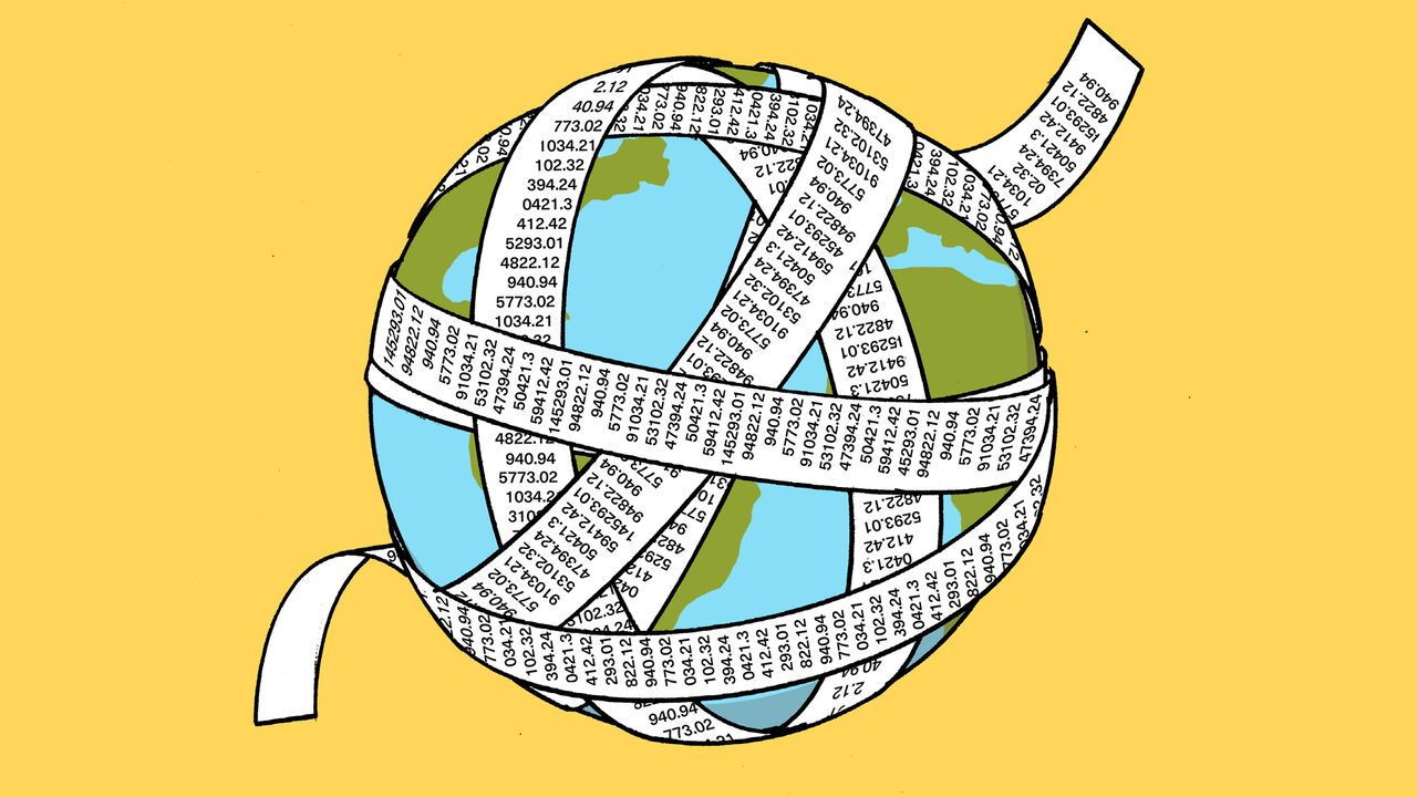 A long debt receipt wraps around the globe.