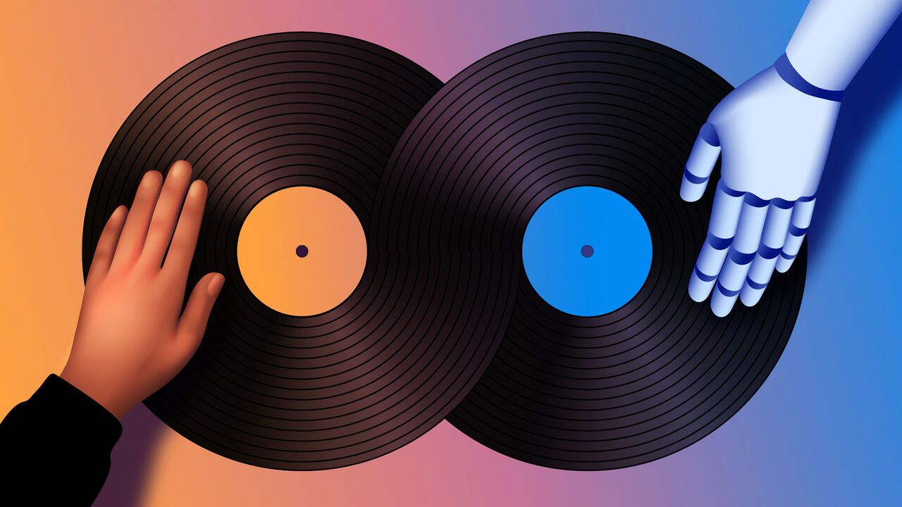 Illustration of two vinyls merging. The one on the left has a human hand on it, the one on the right a robot one.