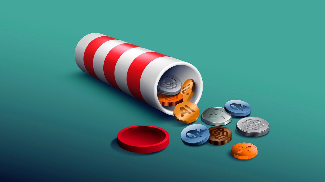Illustration of a candy bottle with tokens coming out of it.