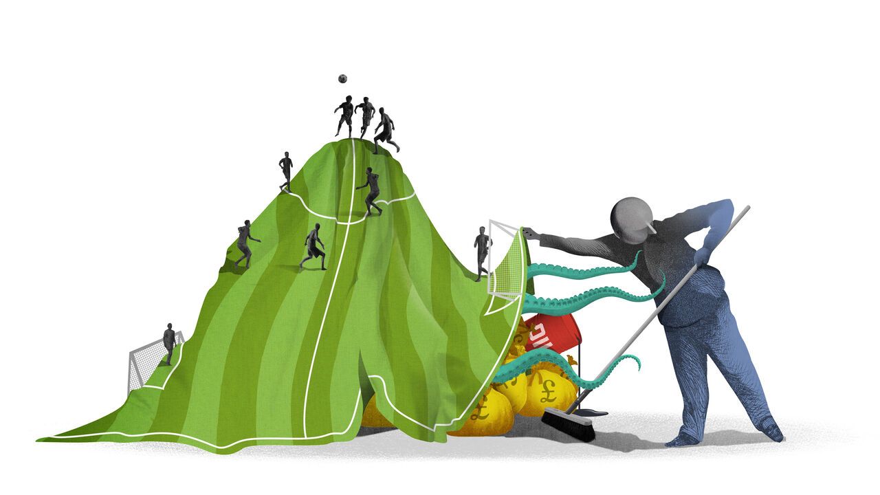 Illustration of a person sweping oil and tax bags under a football field.