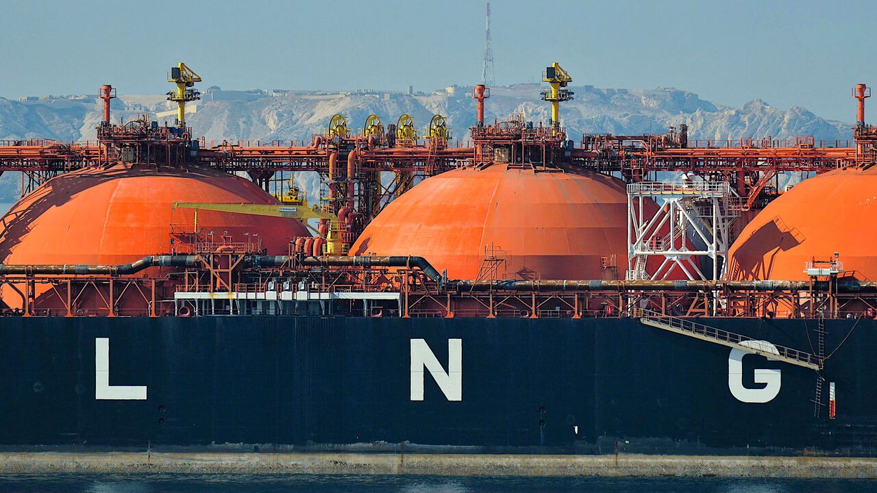 A close up shot of an LNG tanker. The LNG Tanker FSRU Toscana arrives at the French Mediterranean port of Marseille.