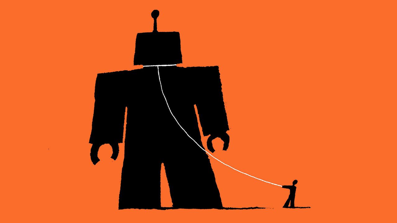 Illustration of a person holding the end of a lead tied around the neck of a large robot.