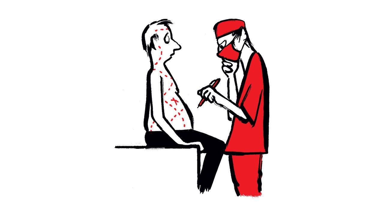 Illustration of a surgeon marking out dotted lines on a concerned patient's body