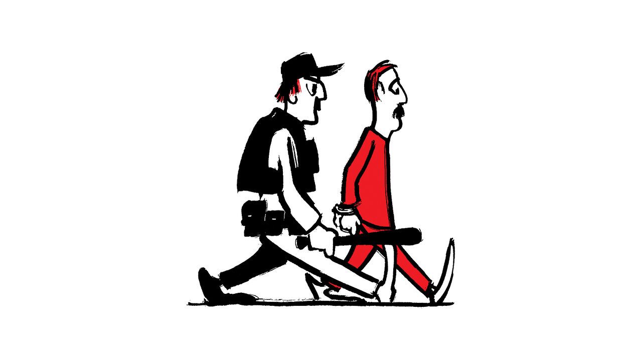 Illustration of a prisoner being lead away by a guard witha baton