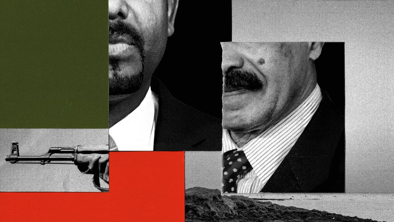 A photomontage of Abiy and Isaias, also featuring a gun and a landscape image with a green and red shape in the background