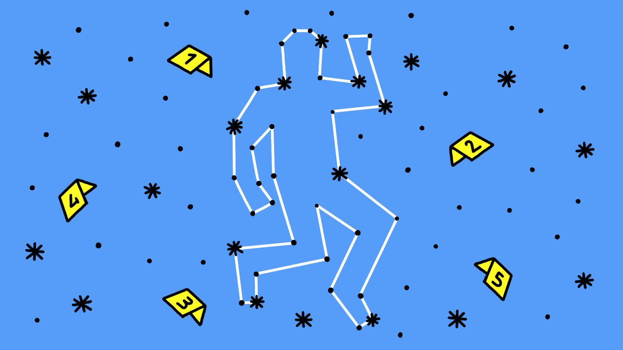 Illustration of particles in the air joined up to make a taped outline of a body with numbered evidence markers floating around it