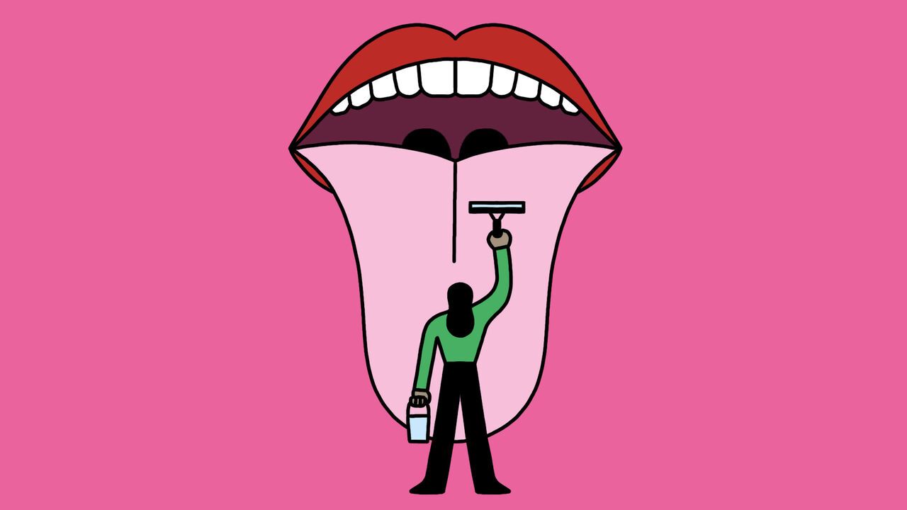 Illustration of a giant tongue being cleaned by a person with a bucket and squeegee