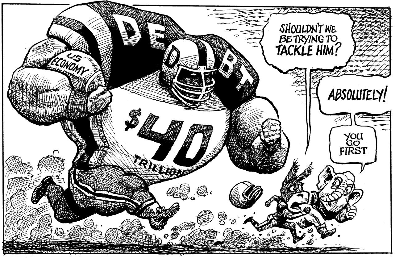 Huge American Football player symbolising US debt chasing two tiny politicians