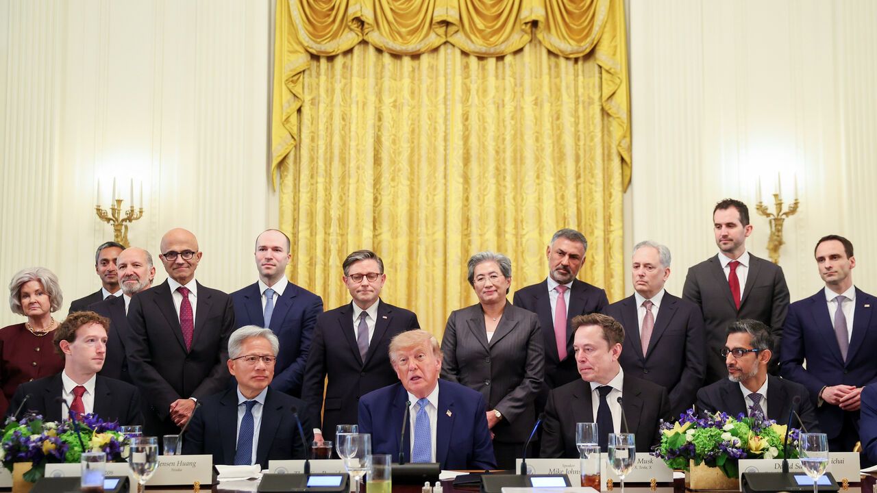 U.S. President Donald Trump makes a statement as he is joined by executives and cabinet members during a meeting on artificial intelligence in the East Room of the White House.