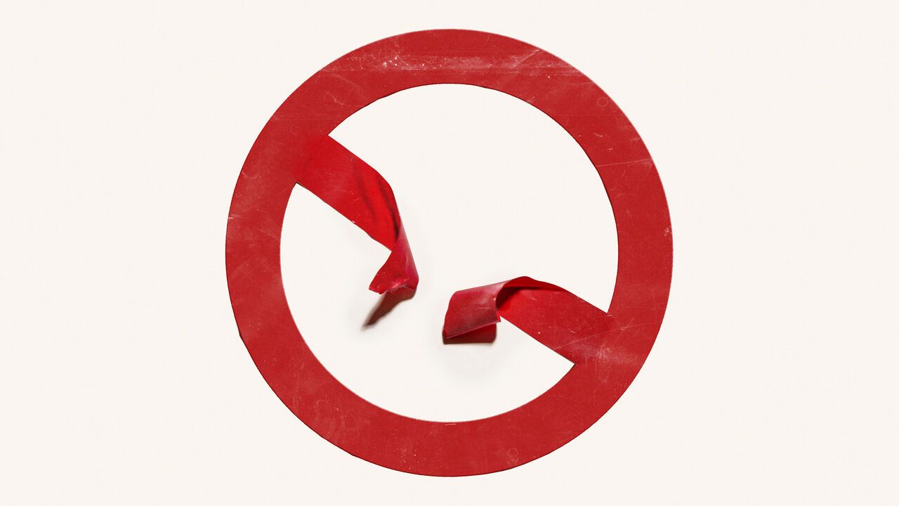 Illustration of a no sign made out of tape. The bar in the middle is broken.