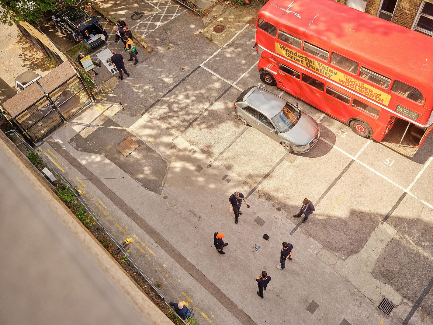 Aerial view of Joint Civil Aid Corps training day in a disused North London Hospital.