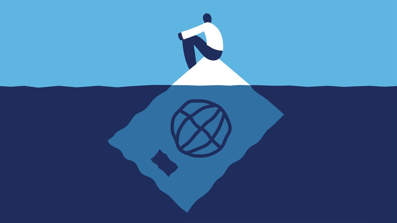 Illustration of a person on top of a passport submerged in the sea.