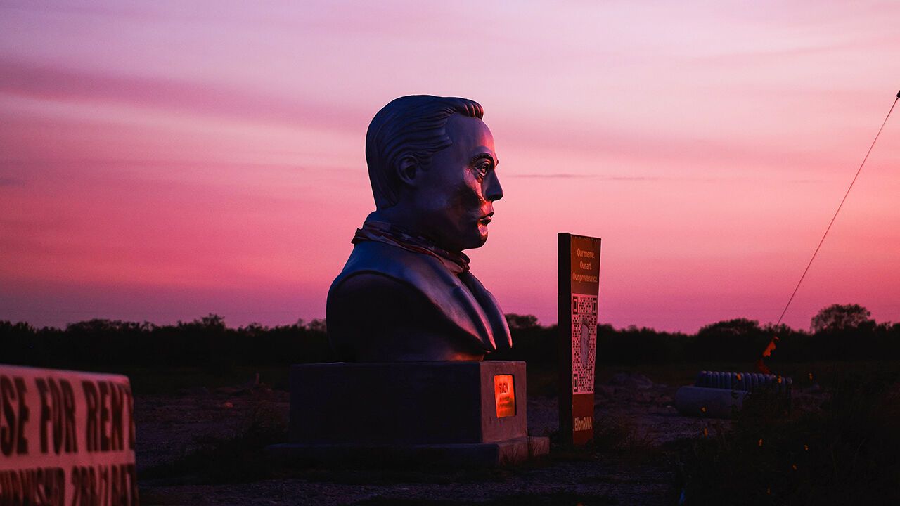 A statue of Elon Musk is seen on Boca Chica Blvd. next to SpaceX's South Texas facility in Cameron County, Texas
