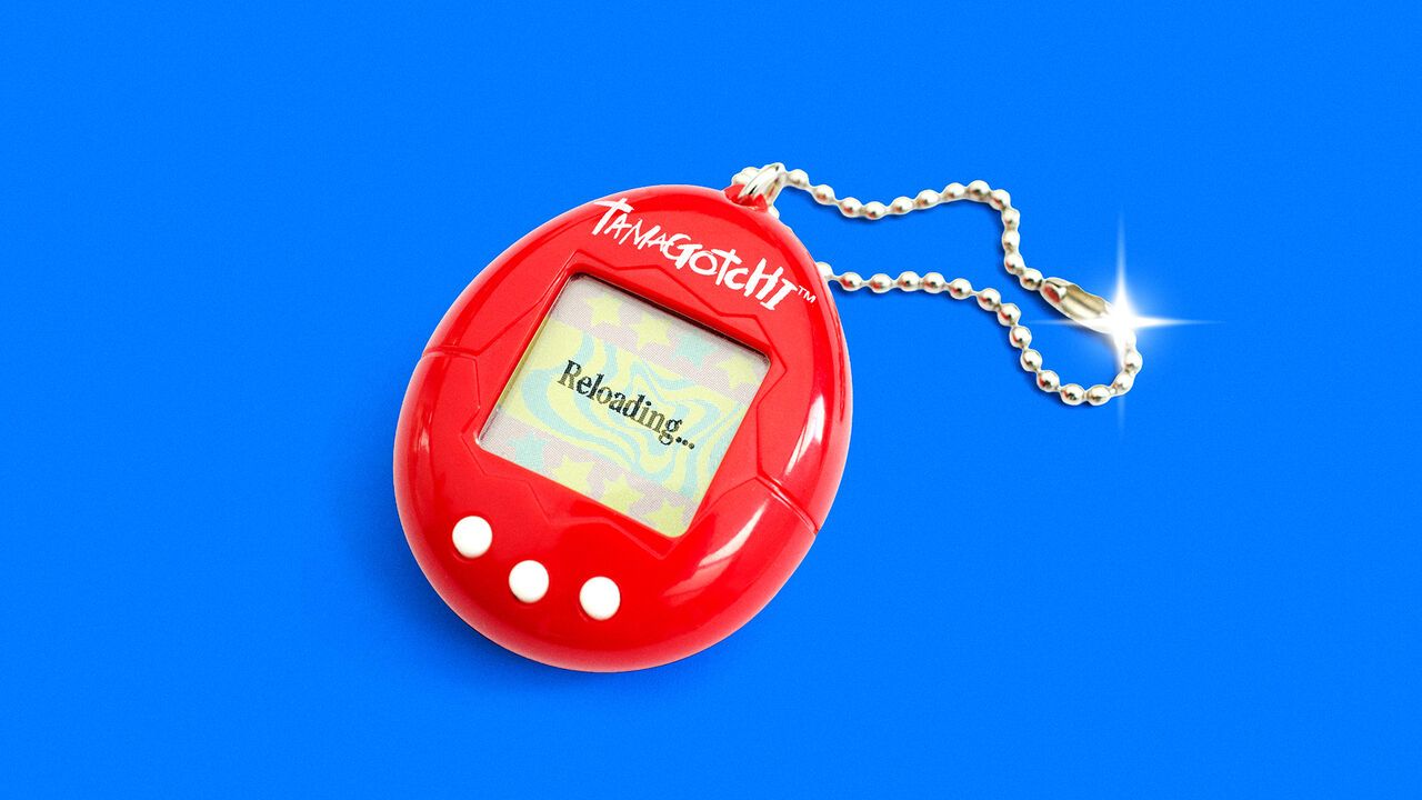 Illustration of a Tamagotchi with " on" reloading..." screen.