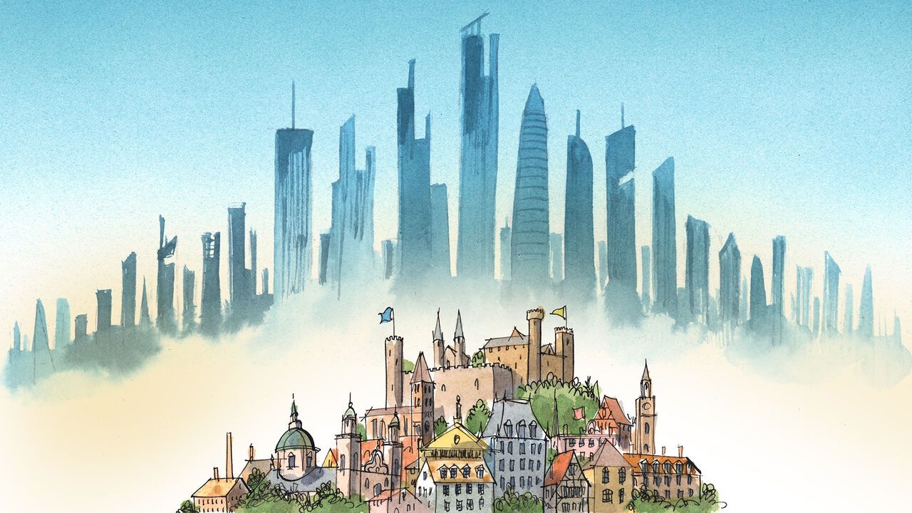Illustration showing a historic European looking city with futuristic skyscrapers rising above it in the background