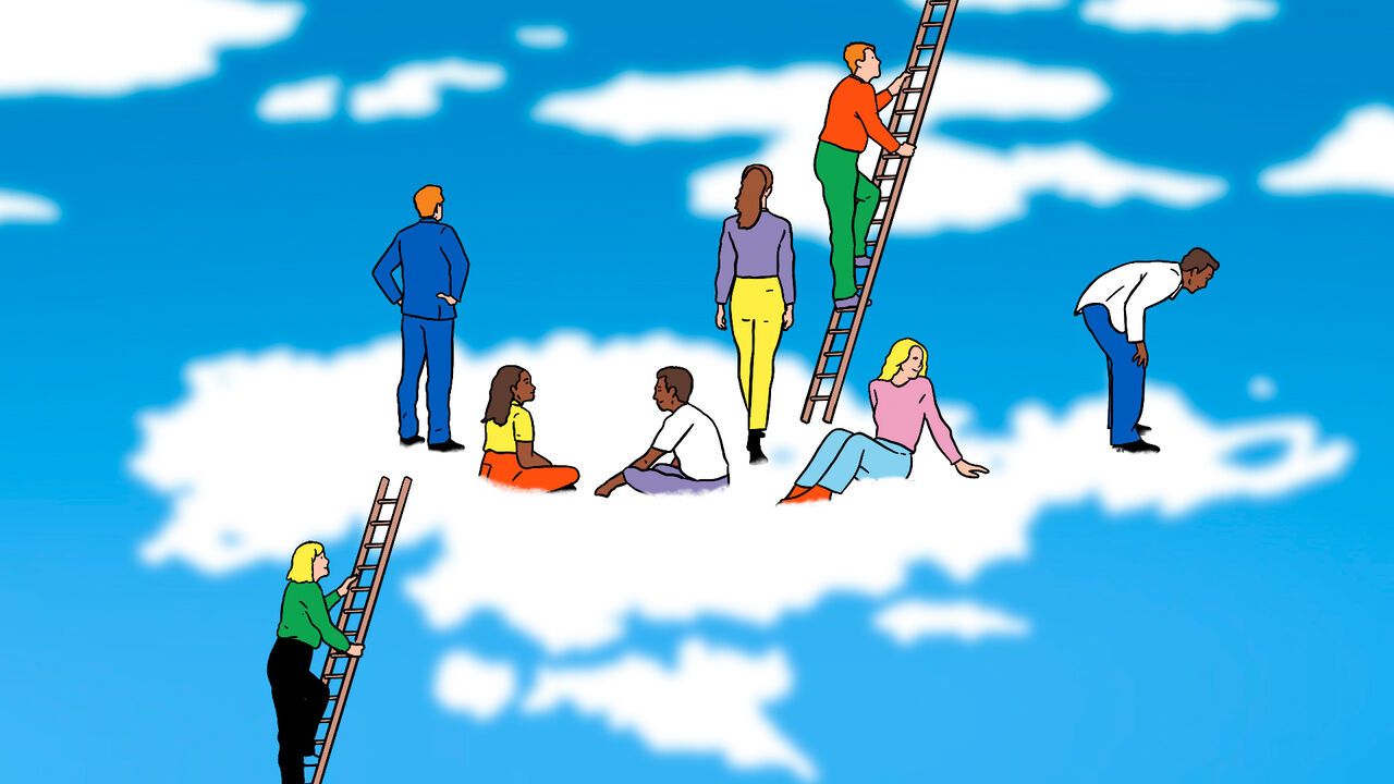 The picture shows people sitting, standing, and climbing ladders on clouds in a blue sky