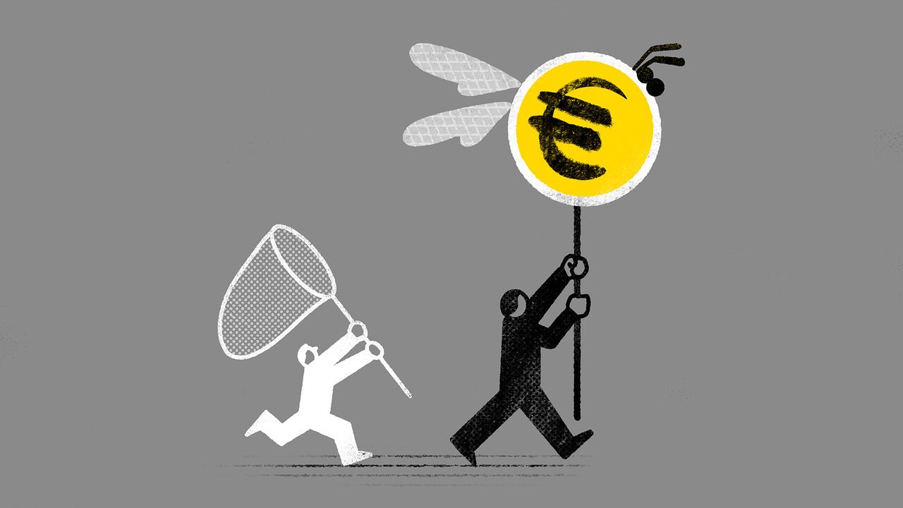 A black figure carries a yellow bee while a white figure chases it with a net