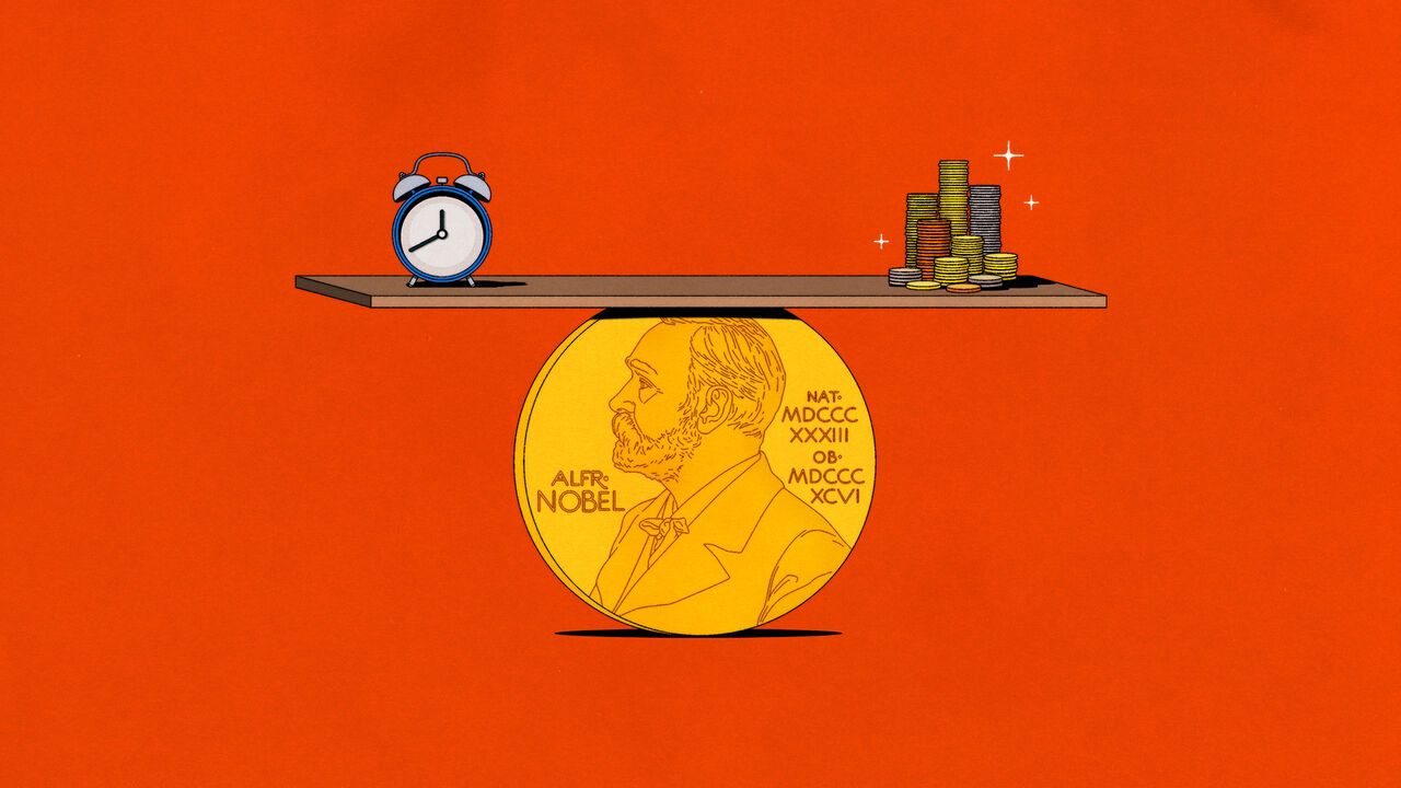 A golden Nobel Prize coin balances beneath a wooden shelf holding an alarm clock and stacks of coins