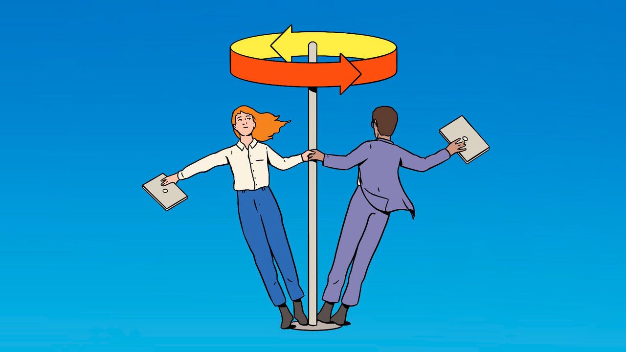 Illustration of two people swinging around a vertical pole, one facing towards us and one away. They are holding onto the pole with one hand and have a laptop in the other. Two arrows form a circle above them indicating their direction.