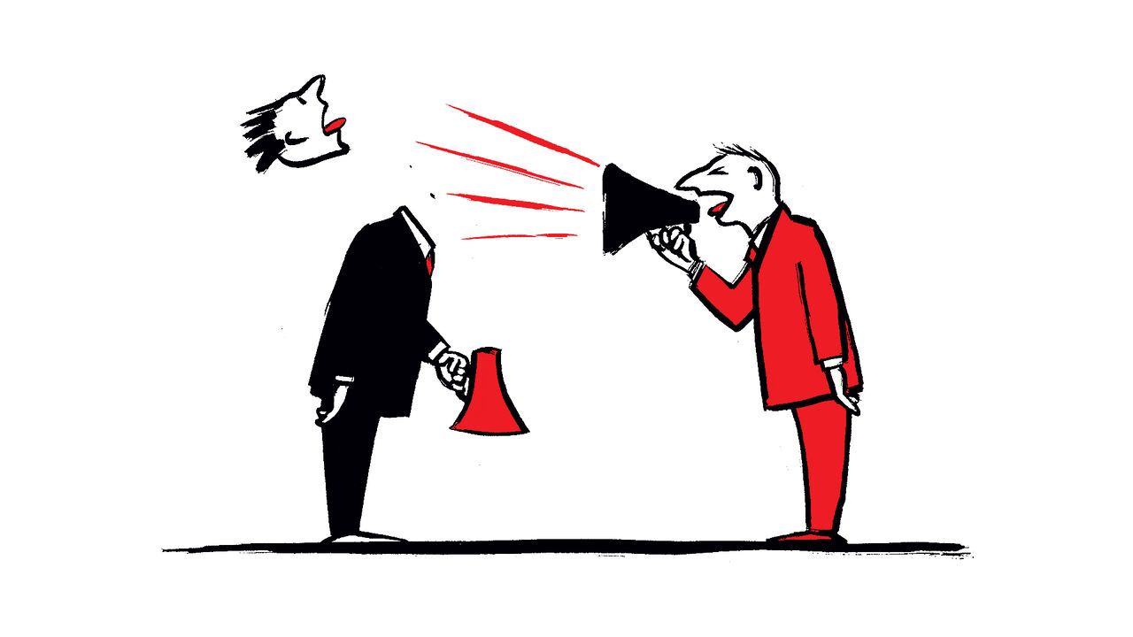 Illustration of a man yelling at another man through a megaphone, knocking his head off, the other man is also holding a megaphone